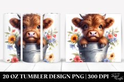 Baby Highland Cow Bucket Flowers Watercolor Tumbler | 20 oz Product Image 1