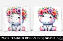 Cute Cartoon-Style Hippo,Watercolor Flower Crown | 20 oz Product Image 1