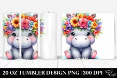 Cute Cartoon-Style Hippo,Watercolor Flower Crown | 20 oz Product Image 1