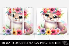 Cartoon-style Watercolor Otter with Flower Crown | 20 oz Product Image 1