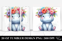 Cartoon-style Watercolor Hippo with Flower Crown | 20 oz Product Image 1
