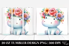 Cartoon-style Watercolor Hippo with Flower Crown | 20 oz Product Image 1