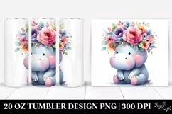 Cartoon-style Watercolor Hippo with Flower Crown | 20 oz Product Image 1