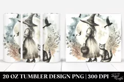 Washed Watercolor Tumbler with Vintage Witch and Cat | 20 oz Product Image 1