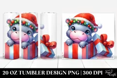 cute Hippo with Gift Box Watercolor Clipart Product Image 1
