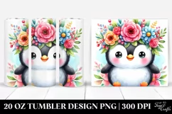 Cartoon-Style Watercolor Penguin Adorned with Flower Crown | Product Image 1