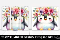Cartoon-Style Watercolor Penguin Adorned with Flower Crown | Product Image 1