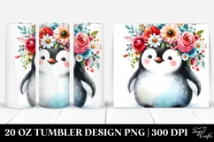 Cartoon-Style Watercolor Penguin Adorned with Flower Crown | Product Image 1