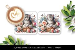 Kitten Square Coaster | Spring Floral Sublimation PNG Product Image 1