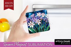 Stained Glass Flowers Magnet Sublimation - Floral Square PNG Product Image 1