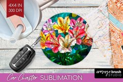 Stained Glass Flowers Car Coaster - Floral Coaster PNG Product Image 1