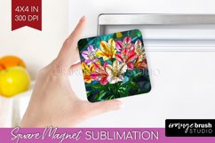 Stained Glass Flowers Magnet Sublimation - Floral Square PNG Product Image 1