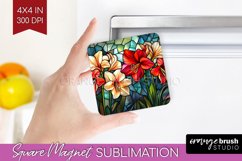 Stained Glass Flowers Magnet Sublimation - Floral Square PNG Product Image 1