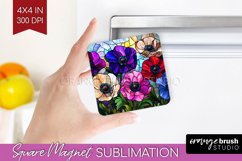 Stained Glass Flowers Magnet Sublimation - Floral Square PNG Product Image 1