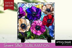 Stained Glass Flowers Slate PNG - Floral Square Slate Product Image 1