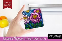 Stained Glass Flowers Magnet Sublimation - Floral Square PNG Product Image 1