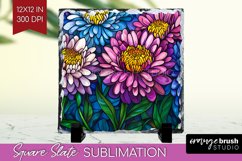 Stained Glass Flowers Slate PNG - Floral Square Slate Product Image 1