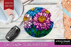 Stained Glass Flowers Car Coaster - Floral Coaster PNG Product Image 1