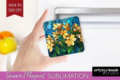Stained Glass Flowers Magnet Sublimation - Floral Square PNG Product Image 1