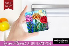 Stained Glass Flowers Magnet Sublimation - Floral Square PNG Product Image 1
