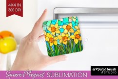 Stained Glass Flowers Magnet Sublimation - Floral Square PNG Product Image 1