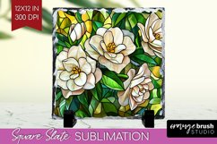 Stained Glass Flowers Slate PNG - Floral Square Slate Product Image 1