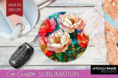 Stained Glass Flowers Car Coaster - Floral Coaster PNG Product Image 1