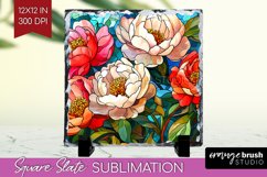 Stained Glass Flowers Slate PNG - Floral Square Slate Product Image 1