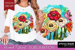 Stained Glass Flowers Round Tshirt Background - Floral PNG Product Image 1