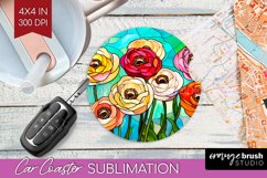 Stained Glass Flowers Car Coaster - Floral Coaster PNG Product Image 1
