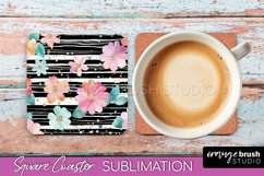 Watercolor Flowers Square Coaster - Floral Pink Sublimation Product Image 1