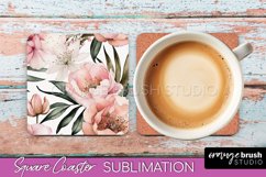 Watercolor Flowers Square Coaster - Floral Pink Sublimation Product Image 1