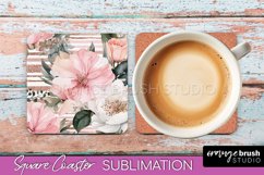 Watercolor Flowers Square Coaster - Floral Pink Sublimation Product Image 1