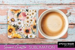 Watercolor Flowers Square Coaster - Floral Pink Sublimation Product Image 1