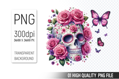 Sugar Skull Clipart PNG, Sublimation Skull Flowers Product Image 1