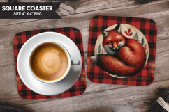 Cute Fox, Animal coaster, Buffalo Plaid Square Coaster PNG Product Image 1