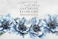 Dusty Blue Anemone Flowers Clipart, Watercolor PNG Product Image 1
