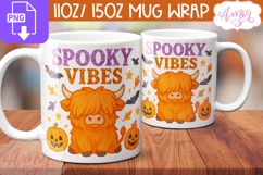 Spooky vibes mug wrap PNG, Cute Halloween highland cow mug Product Image 1