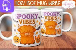 Spooky vibes mug wrap PNG, Cute Halloween highland cow mug Product Image 1