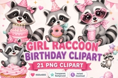 Girl Raccoon Birthday Clipart PNG, Cute Birthday Raccoon PNG Product Image 1