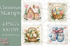 Vintage Christmas Stamp Clipart PNG Watercolor Product Image 1