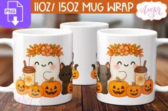 Cute Halloween mug wrap PNG, Cute ghost and pumpkins png Product Image 1