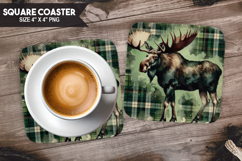 Deer, Woodland Animals, Buffalo Plaid Square Coaster PNG Product Image 1
