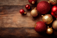 Christmas Red Glitter Balls Background, Wooden Background Product Image 1