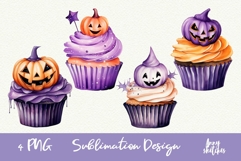 4 Cute &amp; Spooky Halloween Cupcakes Clipart Watercolor PNG Product Image 1