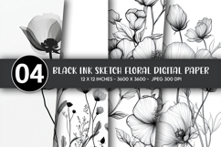 Black Ink Sketch Floral Digital Paper Product Image 1