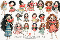 Whimsical Summer Girl &amp; Watermelon Clipart Product Image 1