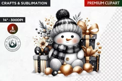 Snowman clipart, Black and Gold Christmas PNG, winter sports Product Image 1