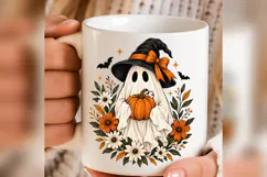 Halloween Ghost PNG, Cute Witch Ghost Pumpkin Floral Design Product Image 5