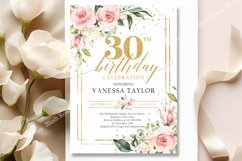 Boho pink roses greenery 30th birthday invitation PSD ZA16 Product Image 1